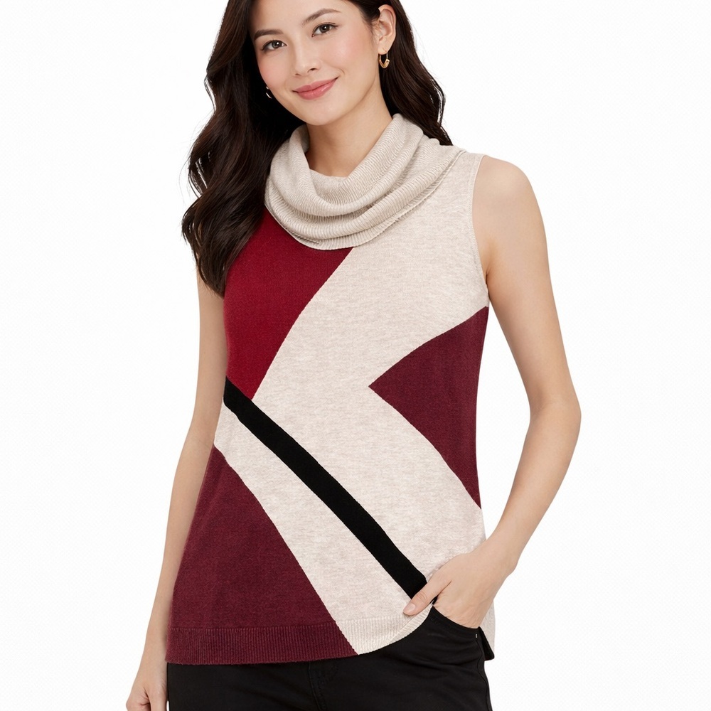 INC International Concepts Sweater Cowl Neck Dress Tunic M Beige Red